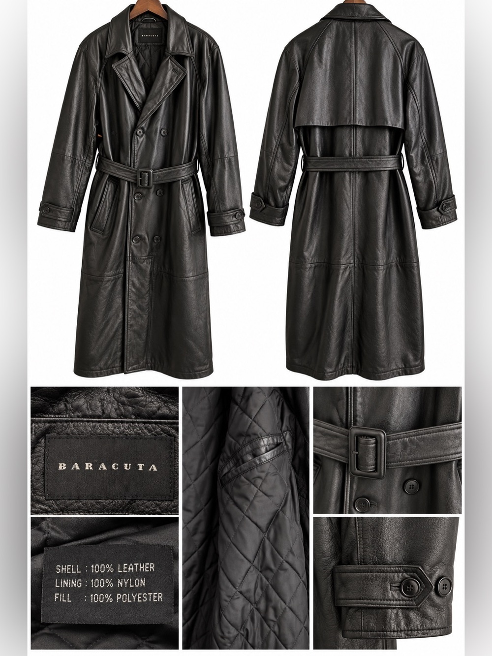 Baracuta Vintage Black 100% Leather Double Breasted Trench Coat Belted